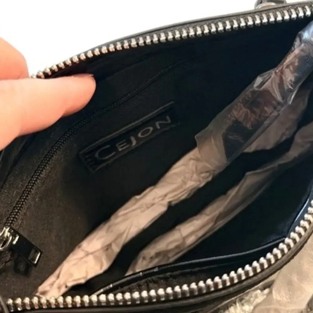 Cejon Black Leather & Suede Crossbody Bag Silver Chain Strap NEW